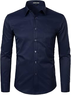 PARKLEES Men's Long Sleeve Slim Fit Casual Business Wedding Shirt with Chest Pocket