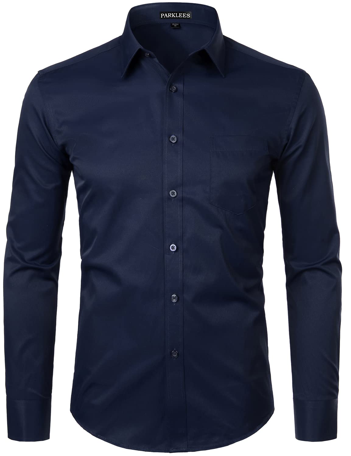 PARKLEES Men's Long Sleeve Slim Fit Casual Business Wedding Shirt with Chest Poc