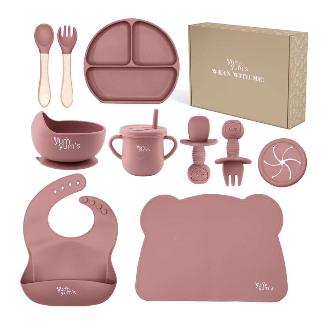 Yum Yum's Baby 10 Pcs Pink Weaning Set - Complete Toddler Feeding Kit w/Sectione