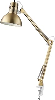 Globe Electric 62000010 32" Multi-Joint Desk Lamp with Metal Clamp, Matte Brass, White Accents, On/Off Rotary Switch on Shade, Partially Adjustable Swing Arm, Home Décor, Office Accessory
