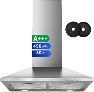 SNDOAS Cooker Hood 60cm, 450m³/h, A+++, 3-Speed Extractor Fan | Stainless Steel Chimney Extractor Hood, Recirculating & Ducting Wall Mounted Range Hood for Kitchen, Carbon Filters, LED