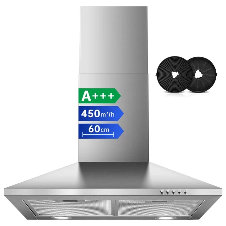 SNDOAS Cooker Hood 60cm, 450m³/h, A+++, 3-Speed Extractor Fan | Stainless Steel 