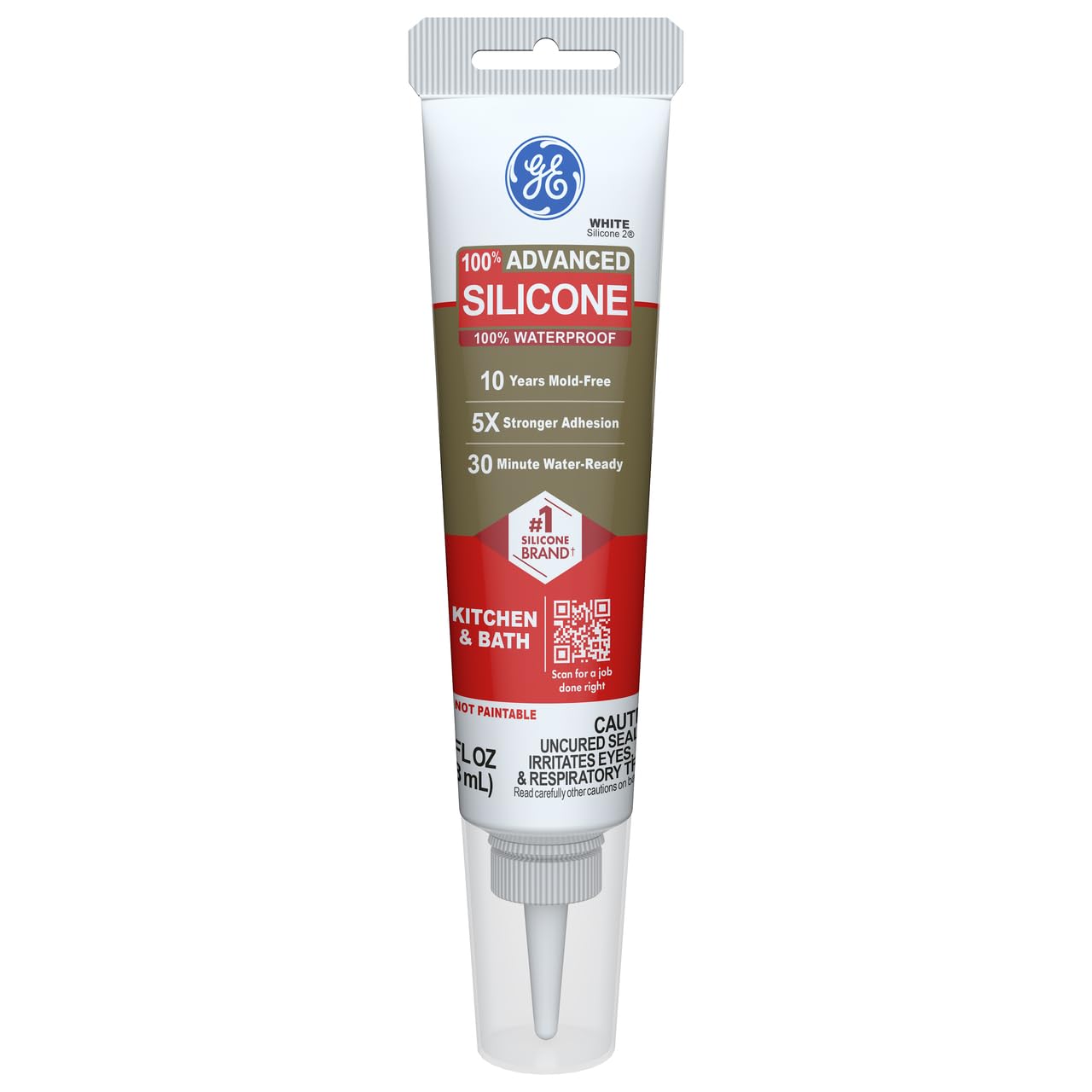 GE Advanced Silicone Caulk for Kitchen & Bathroom, White, 2.8 fl oz Tube, 1 Pack