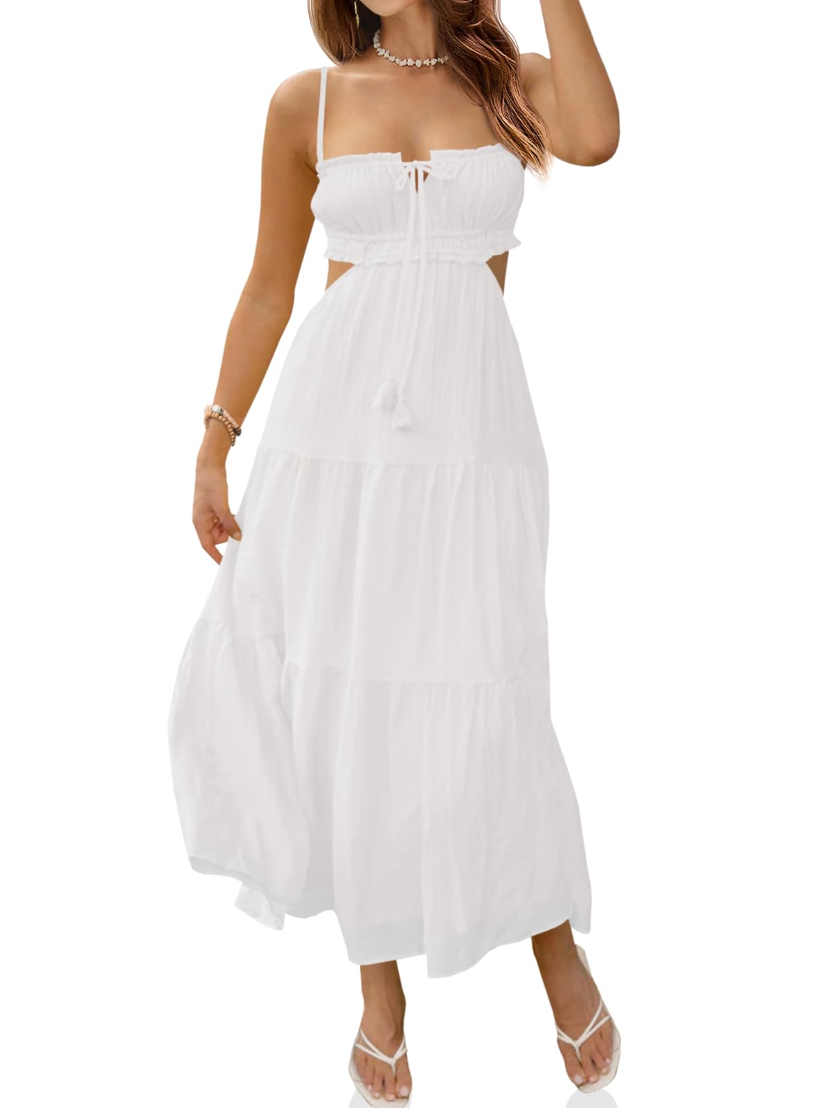 Fisoew Women's Spaghetti Strap Maxi Dress Summer Backless Cut Out Dresses