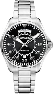 Hamilton Khaki Aviation Automatic Men's Watch, 42mm Stainless Steel Case, Swiss Made, Black Dial Analog Wrist Watch for Men, 100m Waterproof, Sapphire Crystal, Stainless Steel Strap