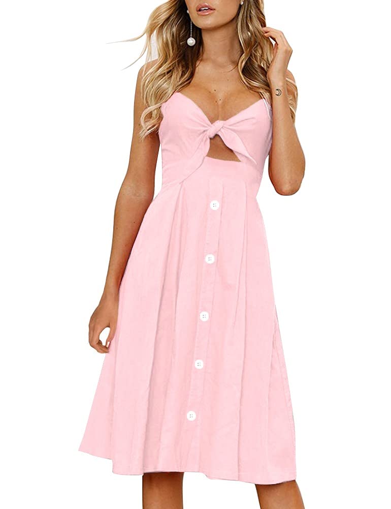FANCYINN Womens Tie Front Button Down A-Line Dresses Summer Spaghetti Strap Midi