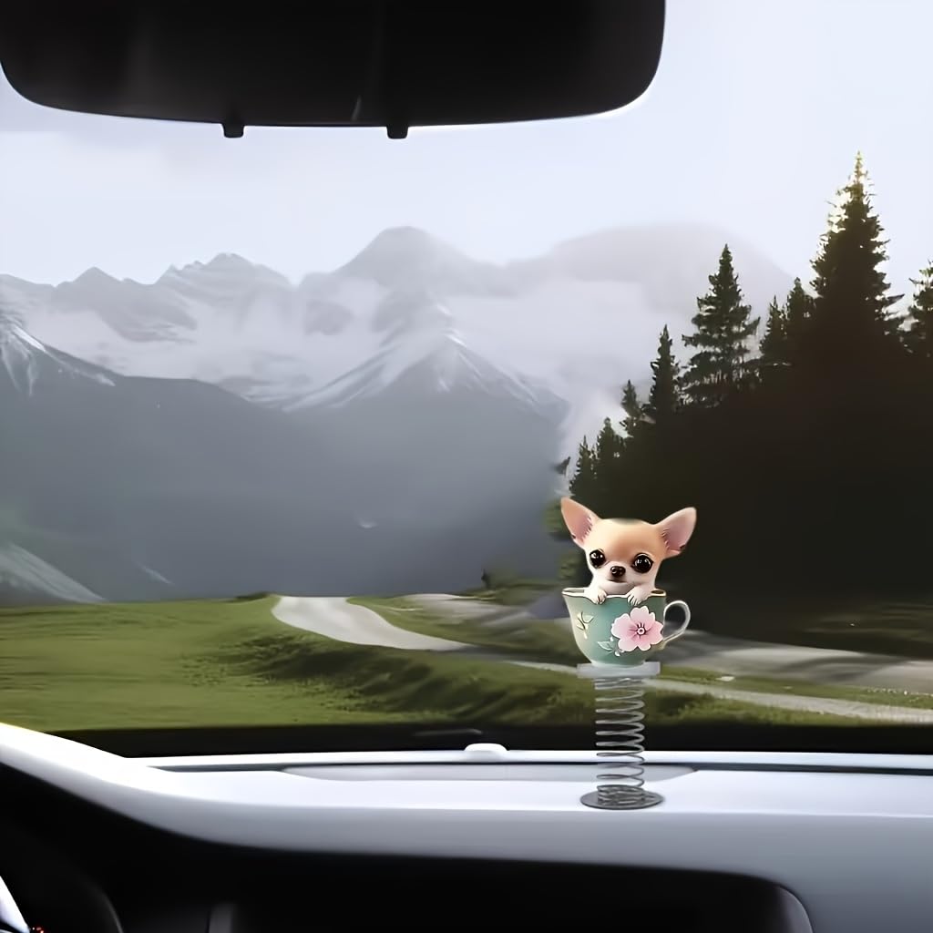1PC Acrylic Chihuahua Tea Cup Car Dashboard Decoration - Cute 2D Dog Statue with