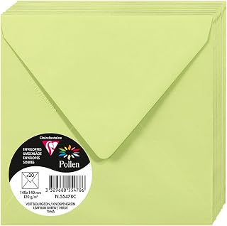 Clairefontaine 55478C - Pack of 20 Gummed Envelopes - Square Format (14 x 14 cm) - 120 g/m² - Bud Green - Event Invitations and Correspondence - Pollen Range - Smooth Premium Paper