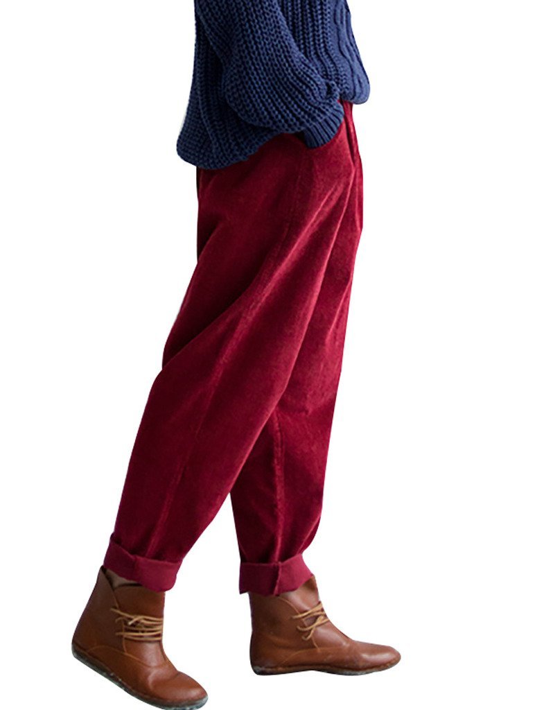 Youlee Women's Elastic Waist Corduroy Trousers with Pockets