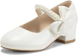 Haloumoning Girls Mary Jane Dress Shoes Pearl Strap Bow Princess Low Heel