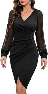 ihot Women's 2026 Sexy V Neck Mesh Long Sleeve Faux Wrap Ruched Sheath Bodycon Party Cocktail Work Dress