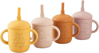 Personalized Silicone Baby Sippy Cup with Straw, Custom Engraved Name Leak-Proof 5oz Toddler Training Cup with Handle & Lid for 6+ Months (Style 3)