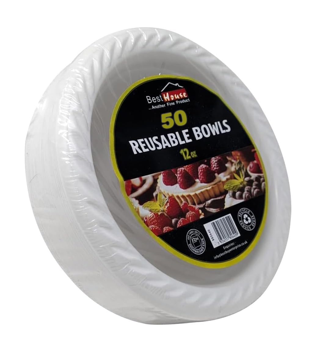 BH | 50 Pcs Reusable Bowls | 12 oz | Heavy Duty Dinnerware | Washable & Microwav