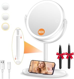Auxmir LED Makeup Mirror with Light, 30X/1X Magnifying Mirror, Rechargeable | Double-Sided 360° Rotation, 3 Color Dimmable Touch Control, Storage Base & Phone Holder, Portable Detachable Design, White