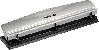Bostitch Office 3 Hole Punch, Metal, 12 Sheet Capacity, Rubber Base, Silver | All-steel heads punch clean 9/32 inch holes for any standard 3-ring binder, removable tray catches scraps for easy cleanup