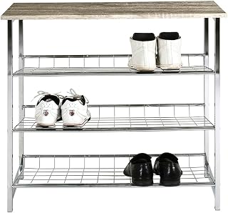 HAKU Shoe Rack Metal and MDF Chrome Oak Truffle 4 Shelves Steel Tube Shoe Rack - Dim.: L 86 cm x H 81 cm x D 11 cm, Style: Modern