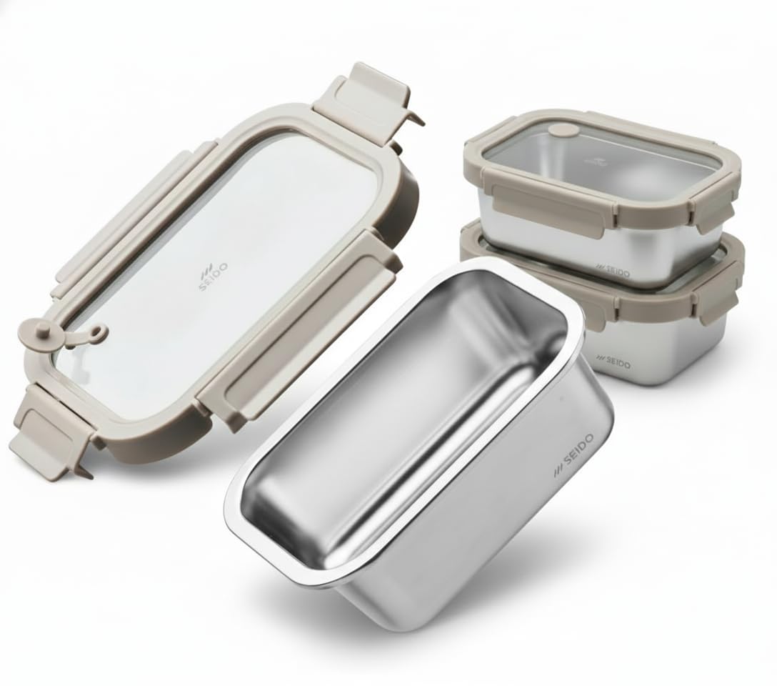Stainless Steel Food Containers with Lids (3 x 800ml), Microwave-Safe UK