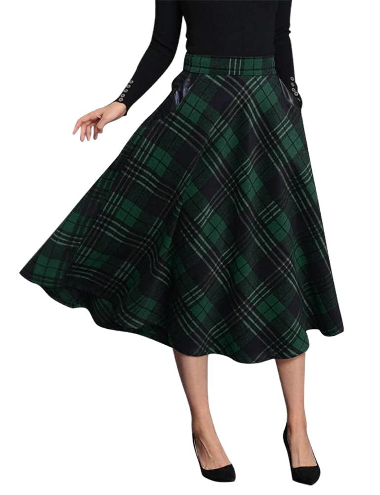 IDEALSANXUN Womens Plaid Wool Skirts Elastic Waist A-Line Pleated Tartan Long Sk