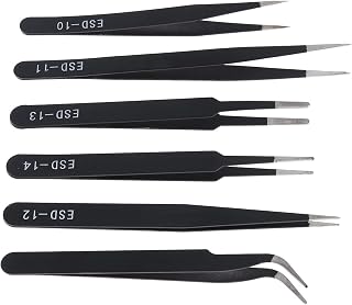 6pcs Precision ESD Tweezers Set, Anti-Static Stainless Steel Tweezers, Non-Magnetic Curved Set, Electronics Kit for Jewelry, Craft, Electronics (1.5mm)