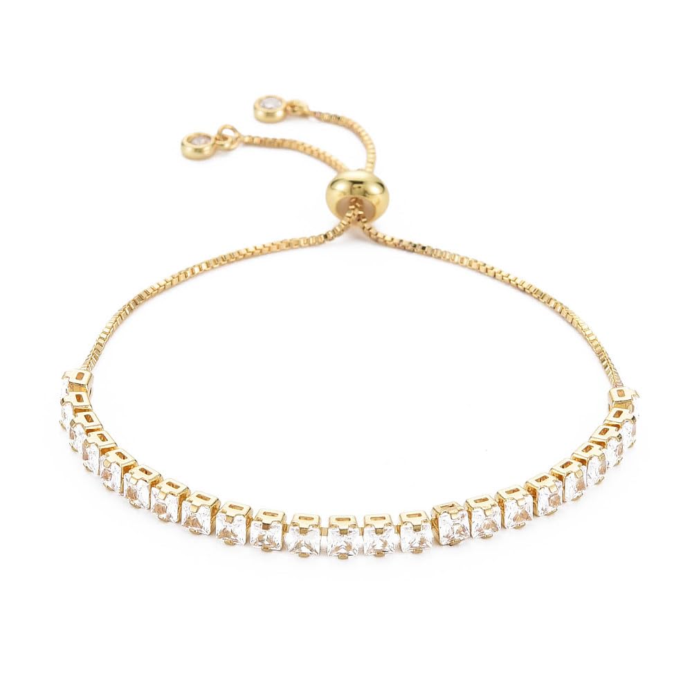 Adjustable CZ Tennis Bracelet Real Gold Plated Thin Brass Slider Bracelet with C