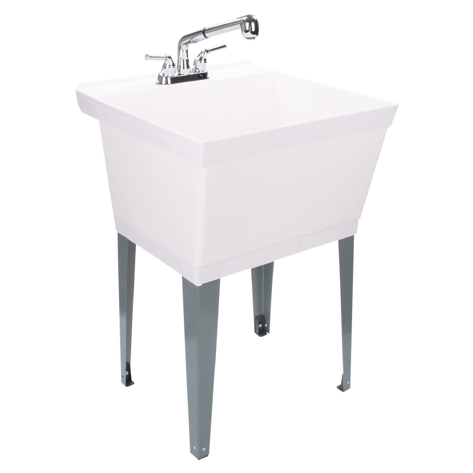 White Utility Sink Laundry Tub With Pull Out Chrome Faucet, Sprayer Spout, Heavy