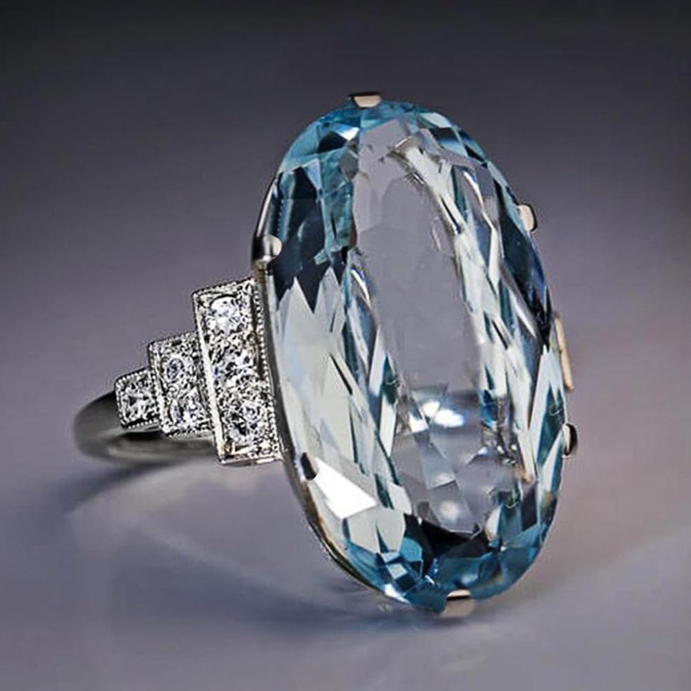 White Gold Plated Blue Cubic Zirconia Engagement Ring Wedding Promise Evening Pa