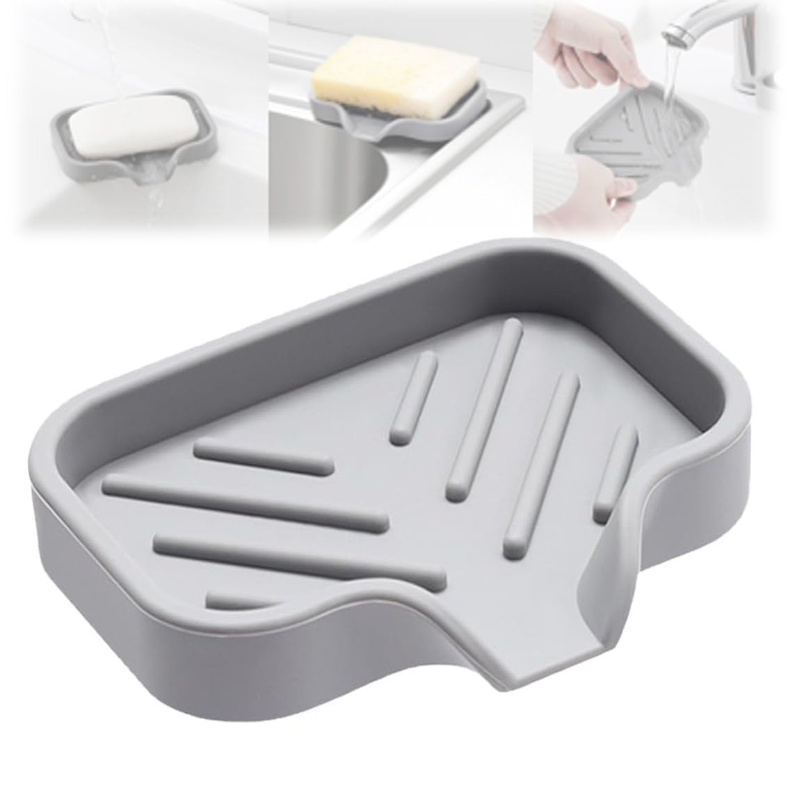 Silicone Soap, Dish & Kitchen Soap Tray - Self Draining Soap Dish, Large Sponge 