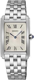 Seiko SWR083 Rectangular Watch - Essentials Collection - Roman Numeral Dial, Blue Hands, Stainless Steel Bracelet, and 50m Water Resistance