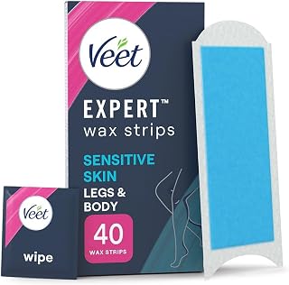Veet Expert Legs & Body Cold Wax Strips, Sensitive Skin, 40 Strips, 4 Wipes | Hair Removal Wax Strips, 28 days of smoothness, Removes shortest hair from root, Soothing with Almond oil, Moisturising Wipes