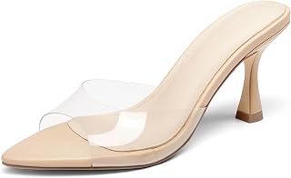 Coutgo Sandalias de tacón para mujer, puntiagudas, con puntera abierta, sin espalda, zapatos de vestir, Transparente, 6
