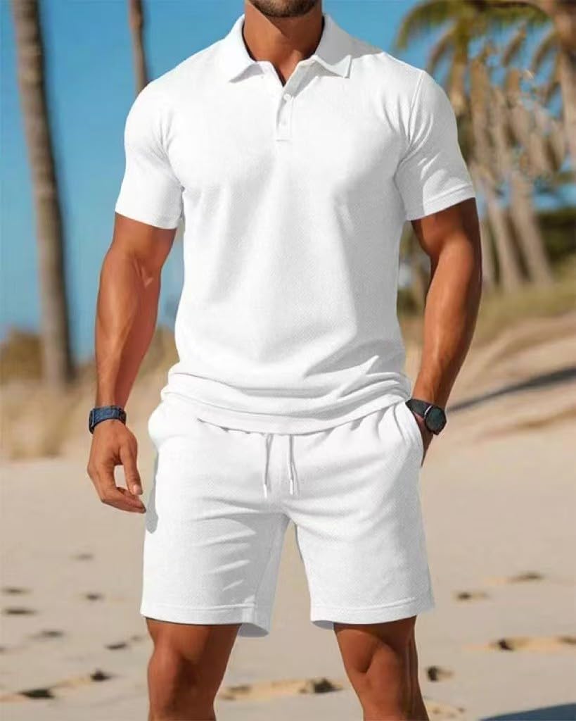 Mens 2 Piece Outfit Set Casual Quarter Polo Shirt and Shorts Athletic Jogging Su