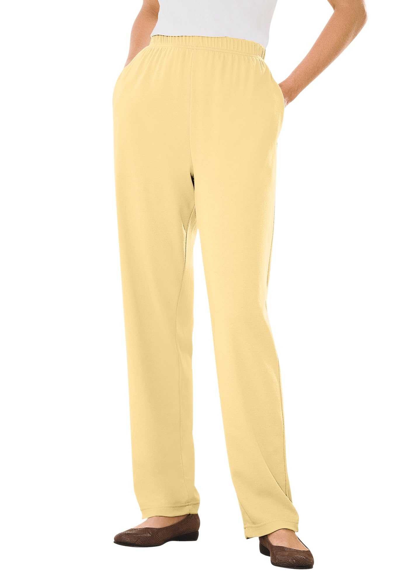 Woman Within 7 Day Knit Straight Leg Stretch Elastic Waist Petite Long Pants