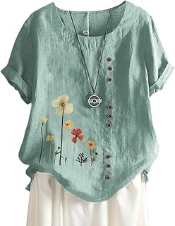 ORANDESIGNE Linen Shirt Short Sleeve Women Casual Vintage Tops Blouse T-Shirts Short Sleeve Crew Neck Tunic Tops Shirt Loose Plus Size T Shirt