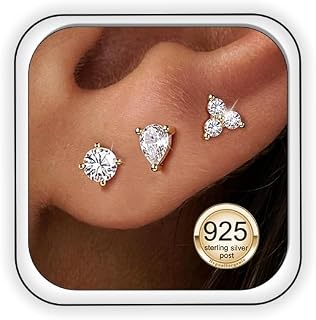 3 Pairs 14k Gold Studs Earrings for Women Hypoallergenic Cubic Zirconia gold stud earrings with 925 Sterling Silver Post Jewelry Gift for Women (3mm+4mm+5mm)