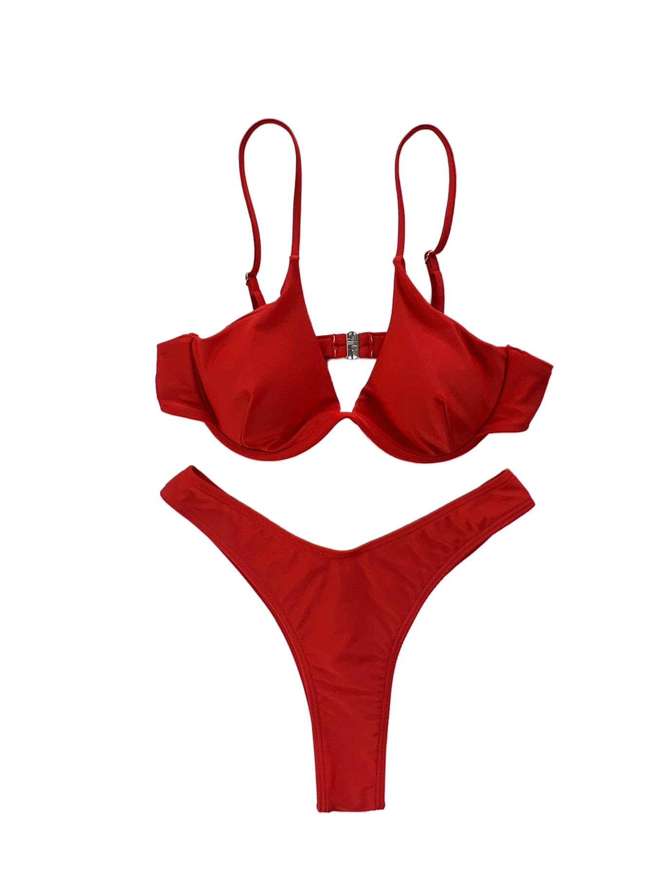 Women's Red Push-Up Bikini Set with Adjustable Straps - Sexy High Cut Thong Swim