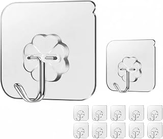 10 Pack Adhesive Hooks Heavy Duty Wall Hat Hook Adhesive Transparent Self Adhesive Hooks for Wall Kitchen Bathroom Shower Ceiling (Clear)