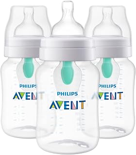 Philips Avent Anti-Colic Baby Bottle with AirFree Vent, Medium Flow, 9 oz | For Ages 1 Month+, Reduces Colic, Gas & Reflux, Flow 2 Nipple with Secure Latch System, BPA-Free, 3-Pack, Clear, SCY703/03