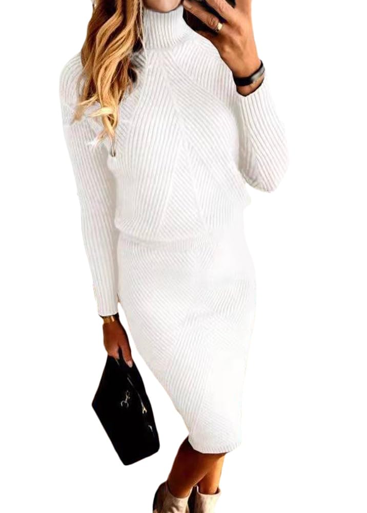 ORANDESIGNE Women's Knitted Dress 2-Piece Knitted Skirt Set Two Piece Suit Turtl