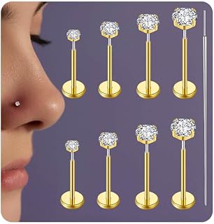 Uni-J 20G/18G/16G Threadless Flat Back Earrings 316L Surgical Steel Threadless Nose Studs Ring for Women Men Push in Labret Stud Tragus Cartilage Helix Body Piercing Jewelry 5mm 6mm 7mm 8mm Length
