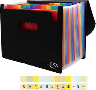 LUXN File Organiser 24 Pockets Expanding File Folder with Lid and Rainbow Colour Labels, A4 Size Accordion Folder, Document Organiser for Your Documents Storage (24 Pockets)