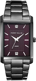 Perry Ellis Ultra Slim Men's Watch – Rectangular Silver-Tone, Dark Blue Textured Dial with Diamond Accents, Silver Faceted Indexes, Stretch Bracelet, Quartz Analog Fashion Accessory
