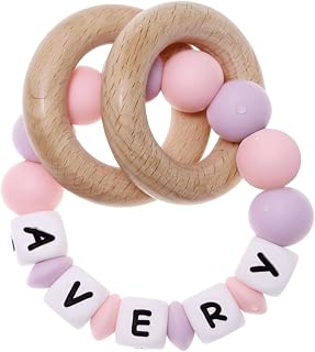 Personalized Teether Baby Rattle with Name and Wood Rings (Pink/Purple) | Customizable Silicone Sensory Rattle, Natural Organic Beech Wood Rings for Girls Baby Shower Toys Gift