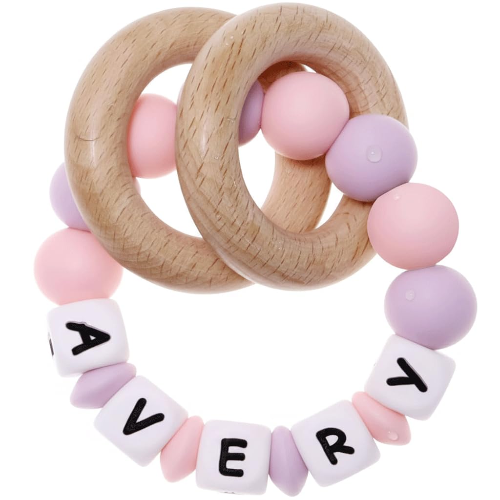 Personalized Teether Baby Rattle with Name and Wood Rings (Pink/Purple) | Custom