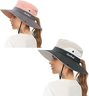 Women Wide Brim Sun Hats UV Protection Mesh Foldable Ponytail Fishing Hat for Beach Fishing Hiking Gardening Summer