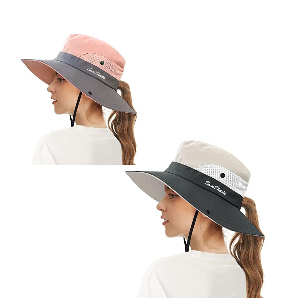 Women Wide Brim Sun Hats UV Protection Mesh Foldable Ponytail Fishing Hat for Be