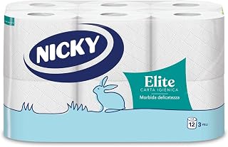 Nicky Elite 12 Rolls of 3 Ply Toilet Paper | 170 Soffici Fogli, Morbida e Resistente a Contatto con la Pelle, Dermatologicamente Testata, Carta Certificata FSC