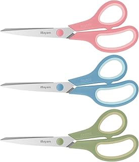 iBayam 8.5" Pastel Scissors All Purpose Heavy Duty 3Pack, 2.5mm Sharp Blade | Soft Comfort-grip | Left/Right Handed | Cuts cardboard, fabric, vinyl & leather | office, classroom, school & craft desk