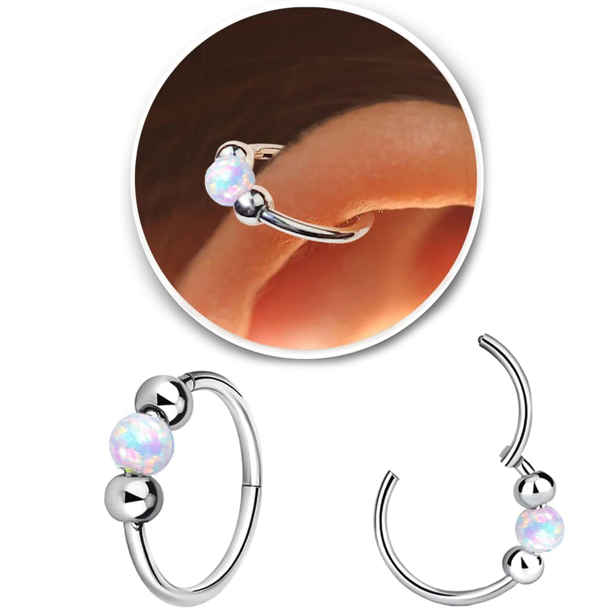 Small Cartilage Hoop Earrings for Women Men, Opal Silver Earrings 316L Surgical 