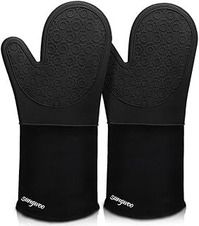 Silicone Oven Mitts - 14.6" Heat Resistant Oven Gloves for Baking, Cooking | Extra Long, Non-Slip, Textured Grip, 500°F Heat Resistant, Oven Mitts with Quilted Liner for Grilling, Easy to Clean, Black