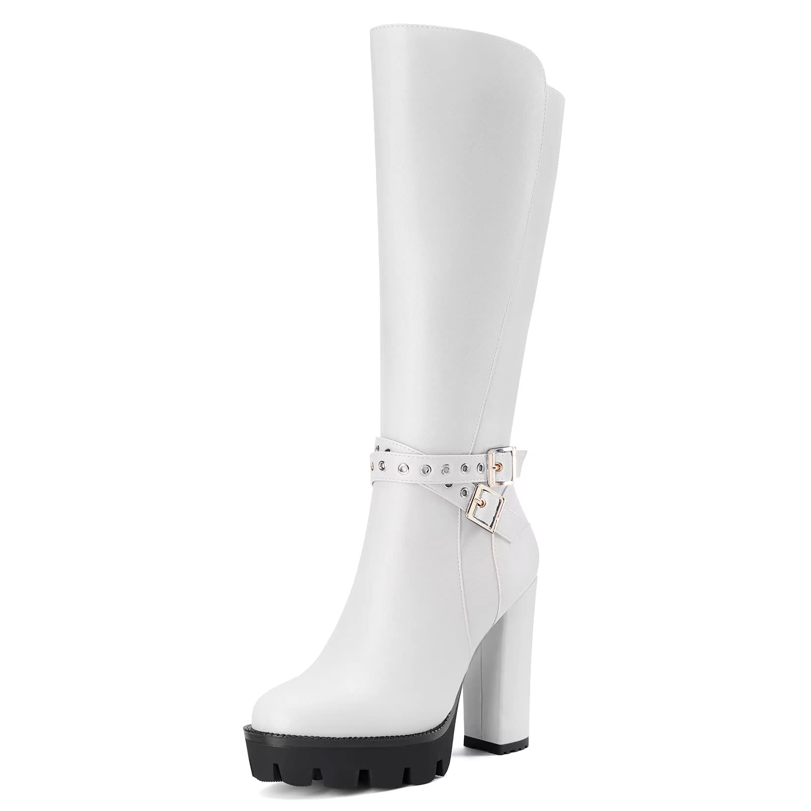 Castamere Women's Chunky Wide High Heel Closed Toe Round Toe Half Zipper Buckle 